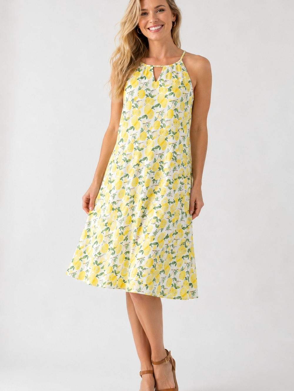 Pixley Lemon Print Halter Midi Dress Size 2X Yellow White